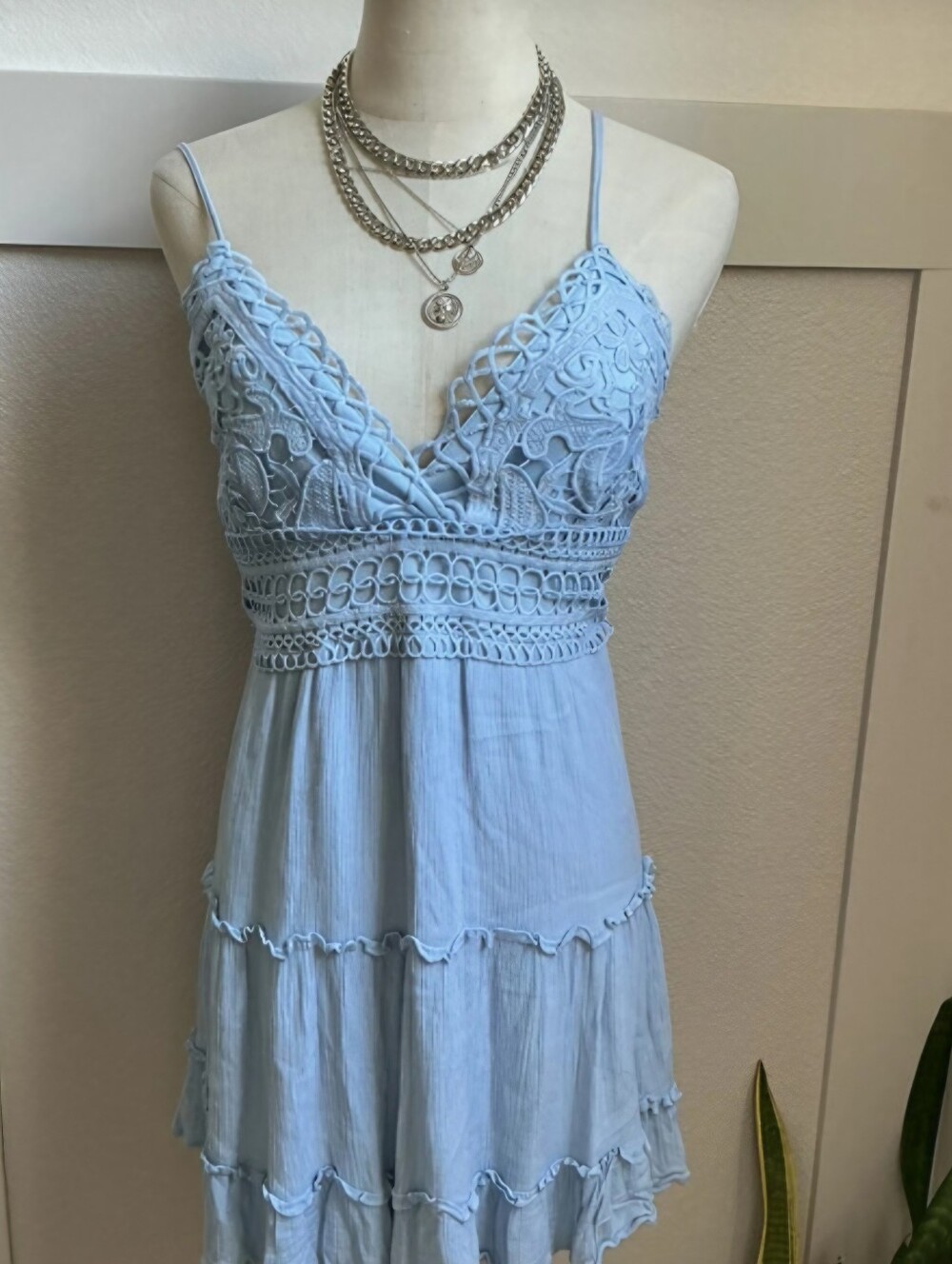 iris Light Blue Lace-Trim Mini Dress